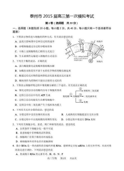 江苏省泰州市2015届高三第一次模拟考试生物试卷