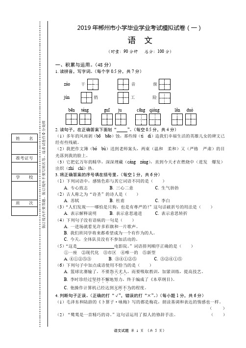 六年级下册语文试题-2019年 郴州市小学毕业考试 模拟试卷 湘教版(含答案)