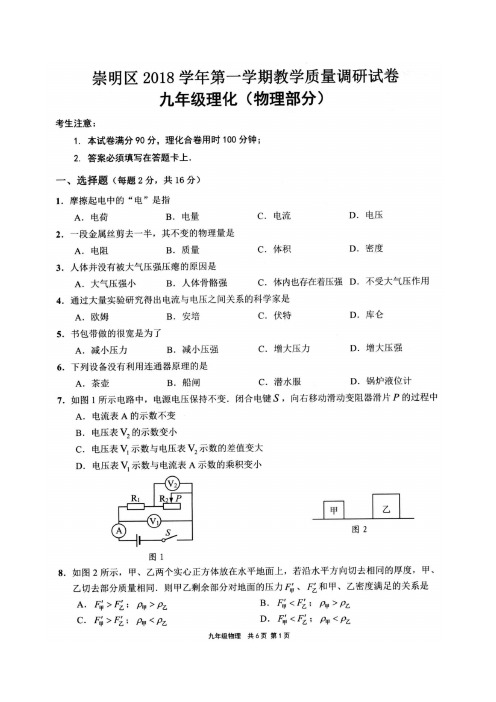 2019届崇明区中考物理一模(图片版)