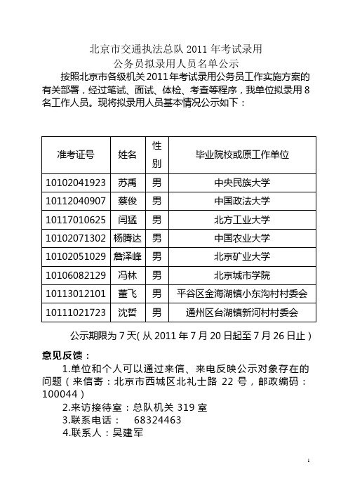 房山区2004年公开招考国家公务员录用结果