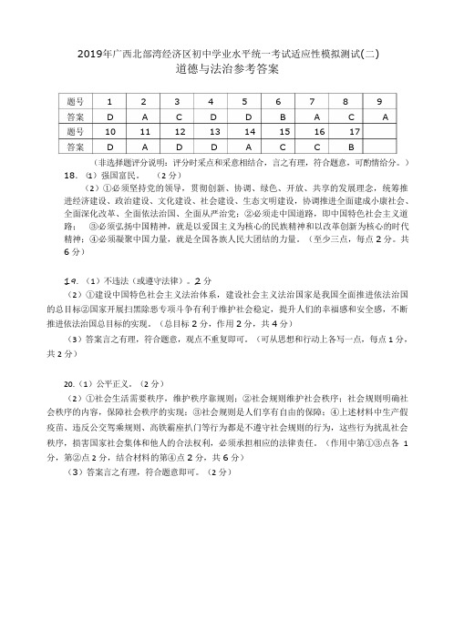 2019年中考二模道德与法治参考答案