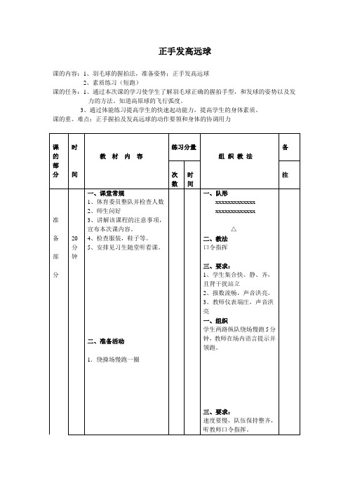 《羽毛球正手发高远球》优质教案