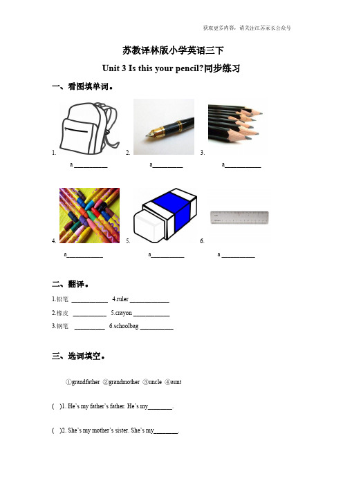 苏教译林版小学英语三下 Unit 3 Is this your pencil 同步练习