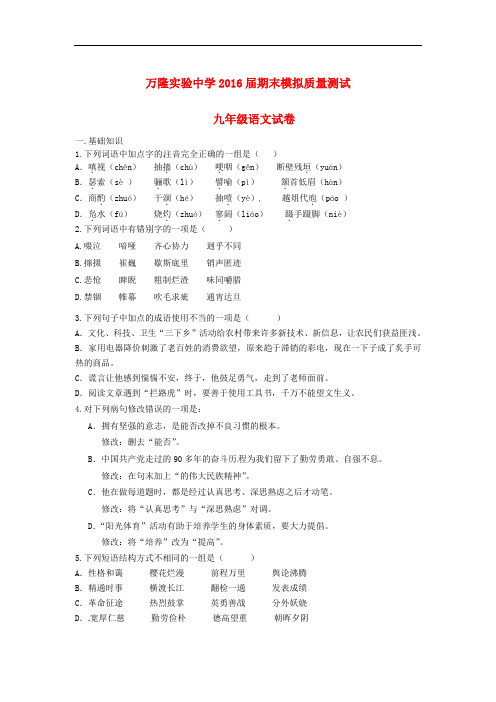 山东省夏津县万隆实验中学九年级语文期末模拟检测试题 新人教版