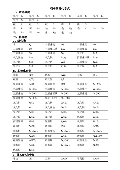 初中常见化学式