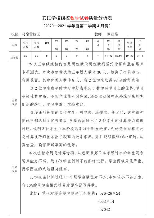 小学数学教研组4月组控教师质量分析