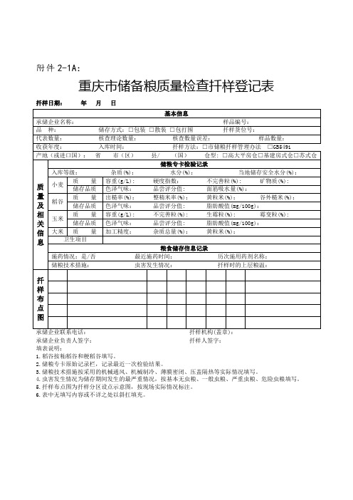 重庆市储备粮质量检查扦样登记表