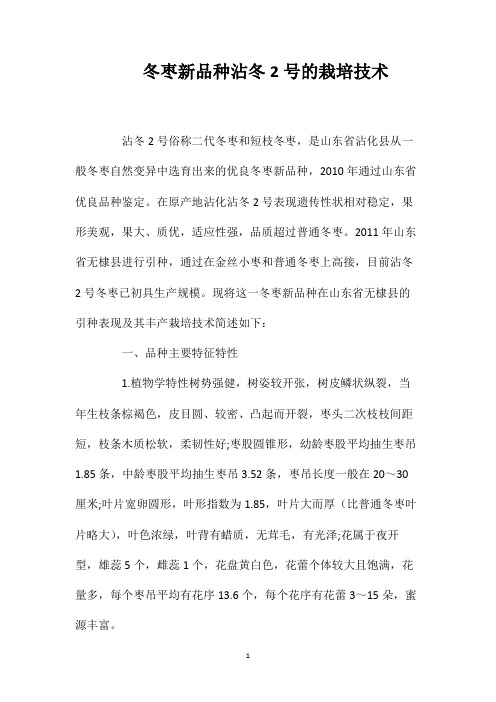 冬枣新品种沾冬2号的栽培技术