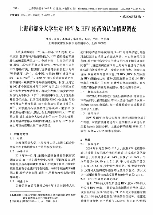 上海市部分大学生对HPV及HPV疫苗的认知情况调查