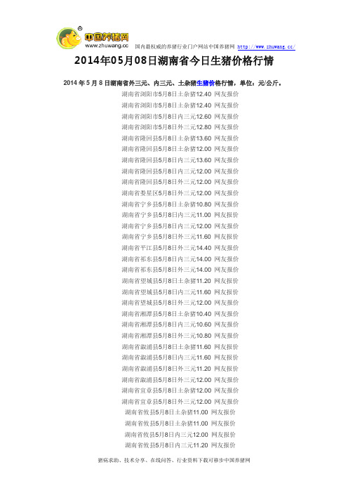 2014年05月08日湖南省今日生猪价格行情
