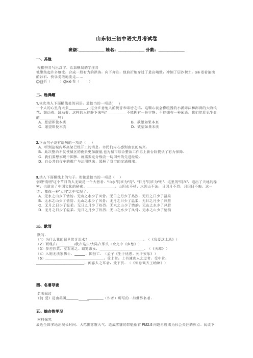 山东初三初中语文月考试卷带答案解析
