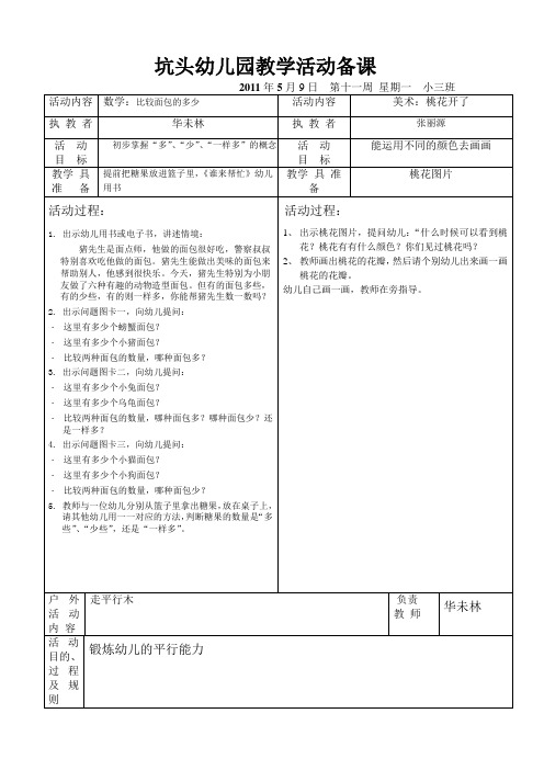 坑头幼儿园2011学年第二学期小三班备课,第11周星期一