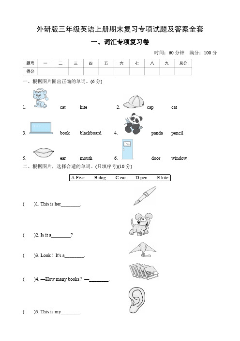 外研版三年级英语上册期末复习专项试题及答案全套