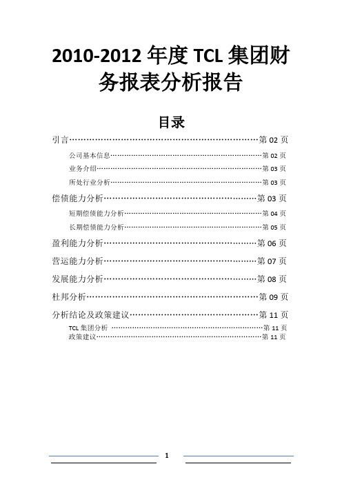 2010-2012年度TCL集团财务报表分析报告