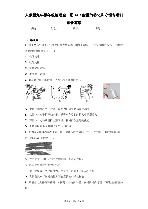 人教版九年级年级物理全一册14.3能量的转化和守恒专项训练含答案