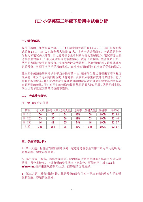 2019-2020学年PEP小学英语三年级下册期中试卷分析精校版