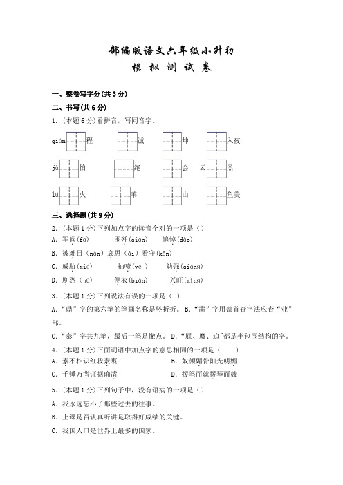 部编版语文六年级小升初考试卷附答案解析