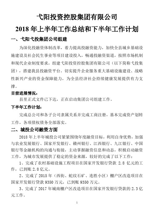 弋阳投资控股集团有限公司2018年上半年工作总结和下半年工作计划