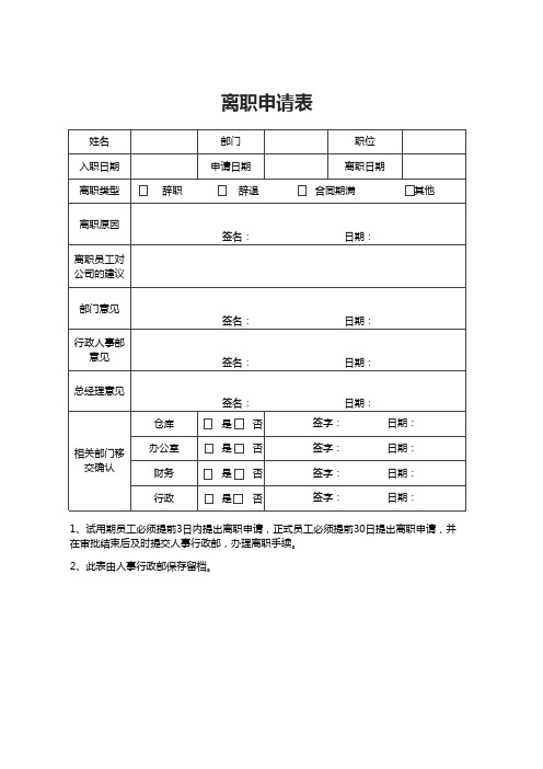 离职申请表(A4打印)