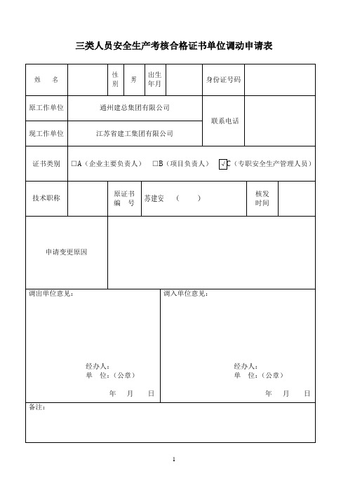 三类人员安全生产考核合格证书单位调动申请表