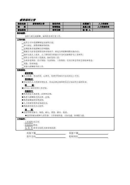 锡恩4D绩效考核操作模版 D1 明确岗位责任 薪资福利主管