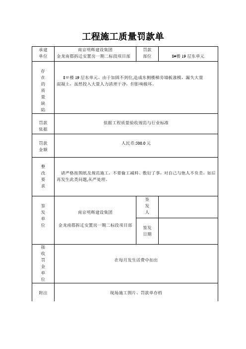 工程施工质量罚款单(范本)