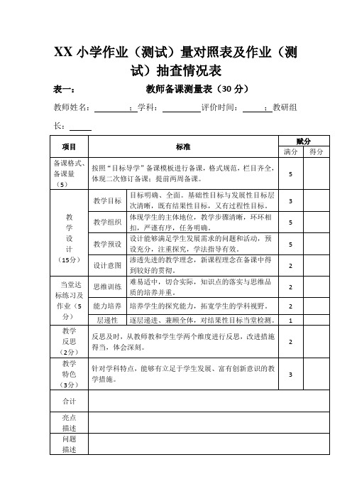 XX小学作业量对照表及作业抽查情况表