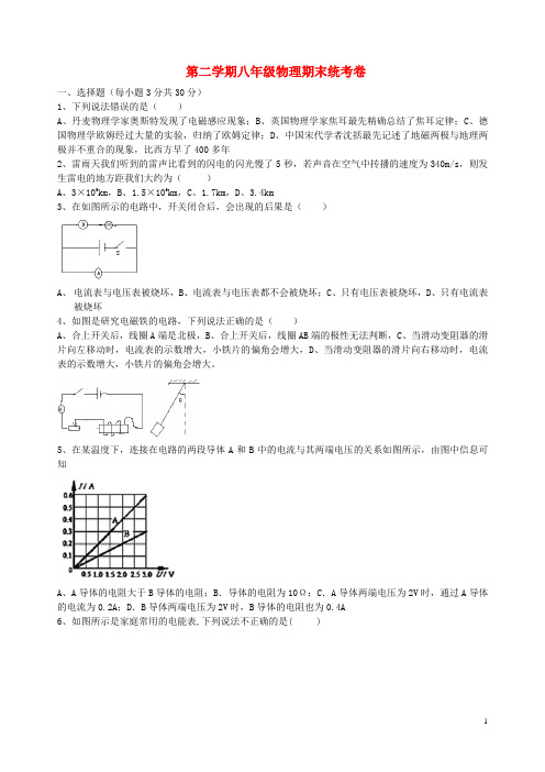 贵州省黔东南州八年级物理第二学期期末考试试卷(无答案)