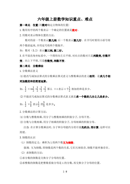 六年级上册数学知识重点、难点