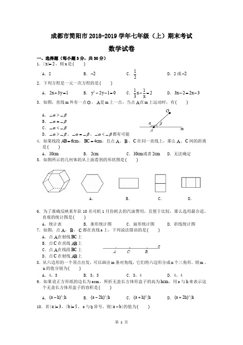 成都市简阳市2018-2019学年七年级上期期末考试数学试卷