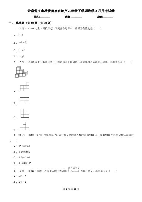 云南省文山壮族苗族自治州九年级下学期数学3月月考试卷