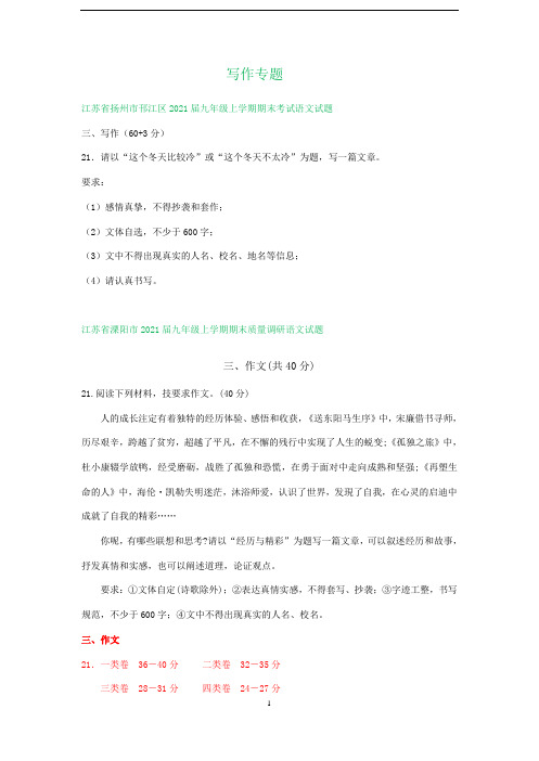 江苏省九年级上学期期末语文试卷分类汇编：写作专题