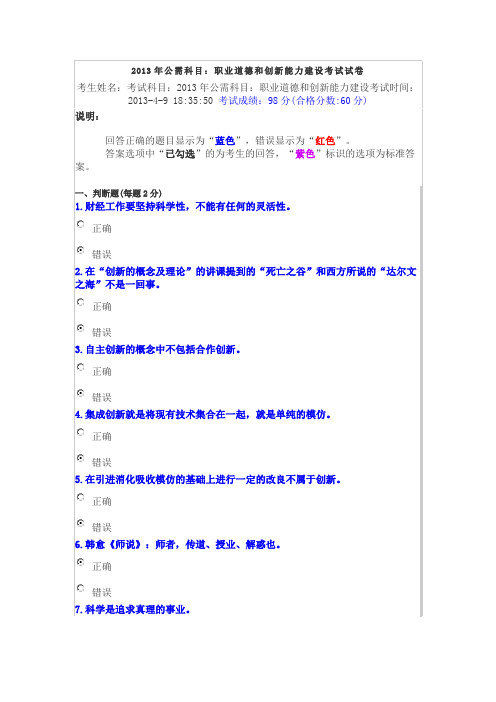 2013职业道德与创新能力建设试卷98分
