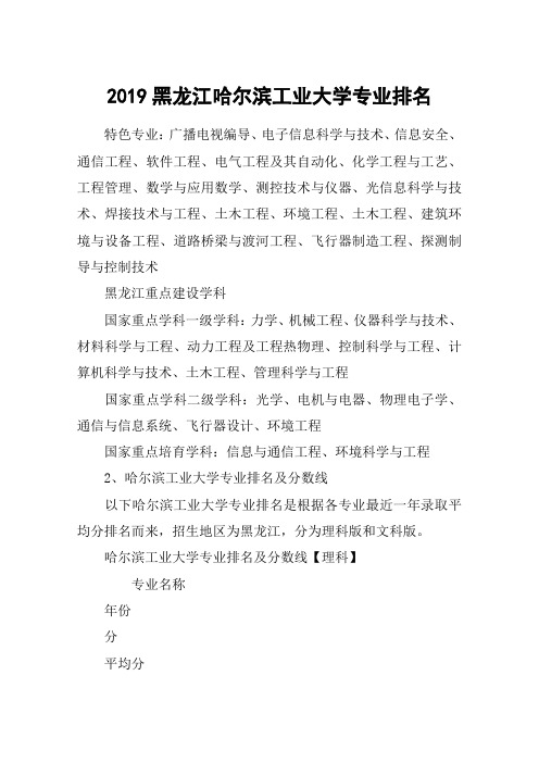 2019黑龙江哈尔滨工业大学专业排名