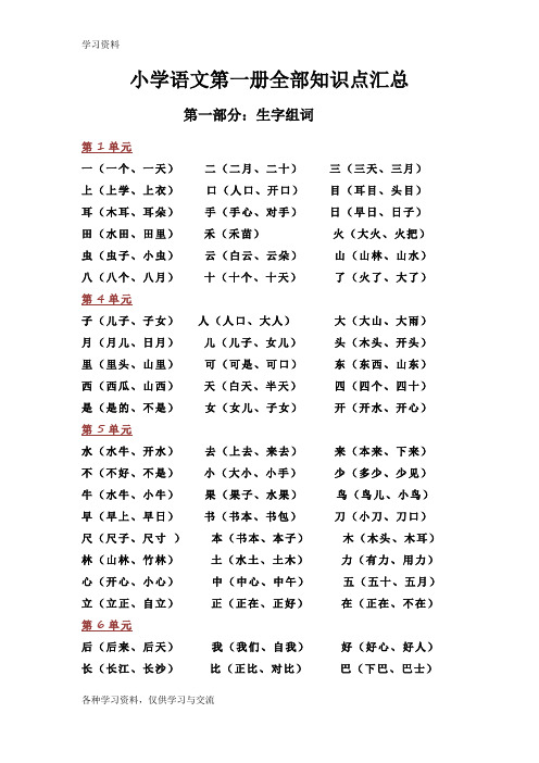 小学一年级语文上册全部知识点汇总部编版复习过程