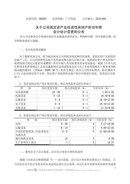 关于公司固定资产及投资性房地产折旧年限会计估计变更的公告