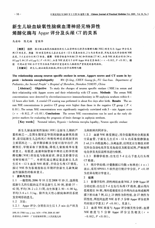 新生儿缺血缺氧性脑病血清神经元特异性烯醇化酶与Apgar评分及头颅CT的关系