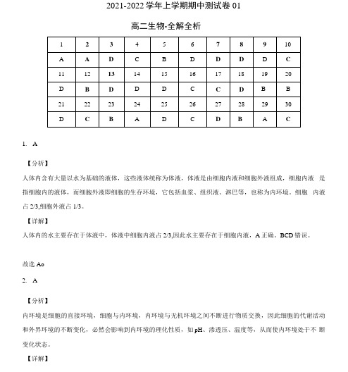 2021-2022学年高二生物上学期期中测试卷(浙科版2019选择性必修1)01(全解全析)