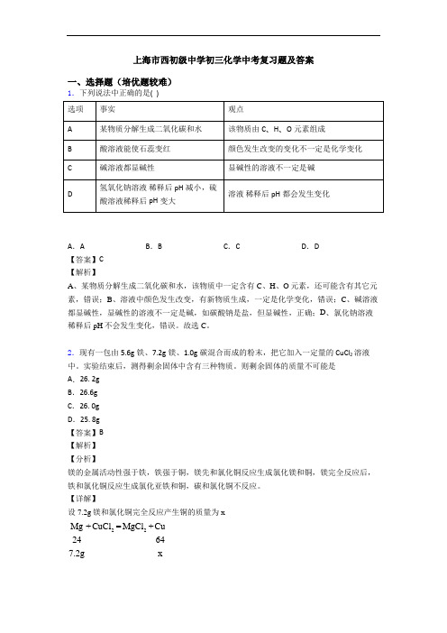 上海市西初级中学初三化学中考复习题及答案