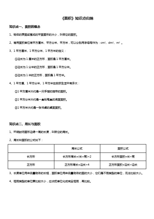 人教版三年级数学下册 面积 知识点归纳