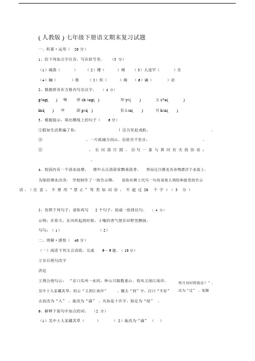 七年级下册语文期末复习试题及答案人教版.docx
