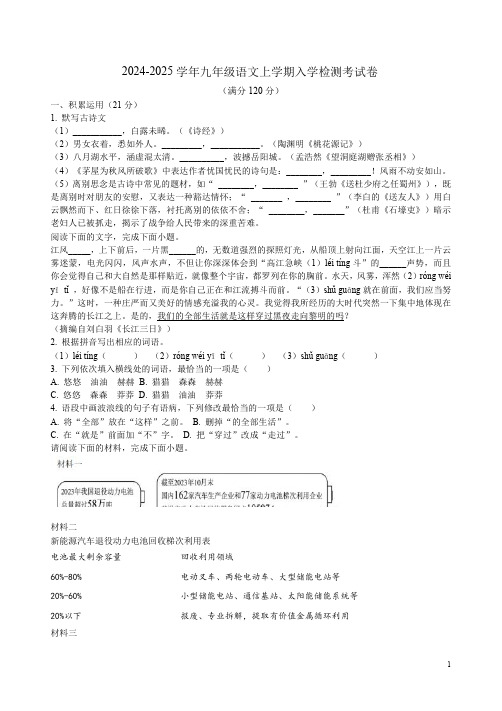 2024-2025学年九年级语文上学期入学检测考试卷附答案解析