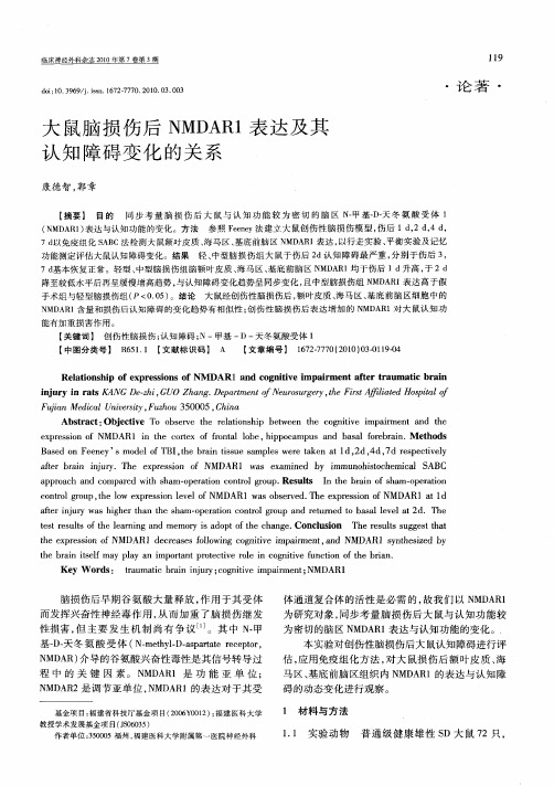 大鼠脑损伤后NMDAR1表达及其认知障碍变化的关系