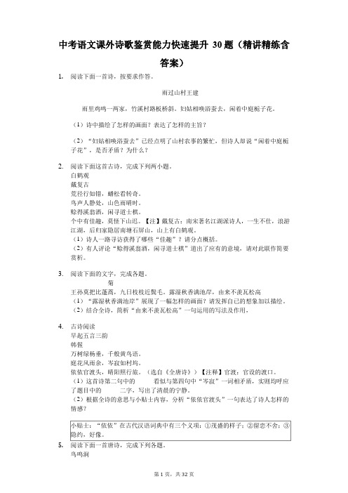 中考语文课外诗歌鉴赏 能力快速提升30题(精讲精练含答案)(1)