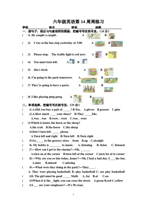 六年级英语第14周周练习
