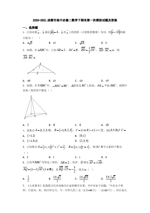 2020-2021成都市高中必修二数学下期末第一次模拟试题及答案