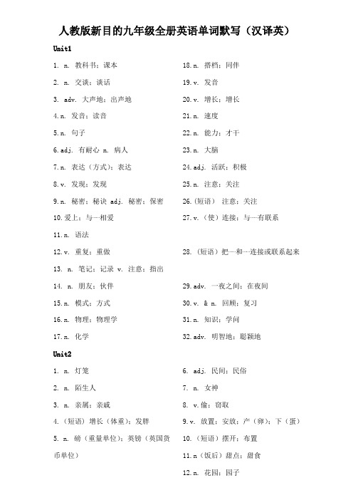 2021年人教版新目标九年级全册英语单词默写汉译英