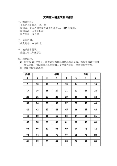 艾力森克人格量表测评报告
