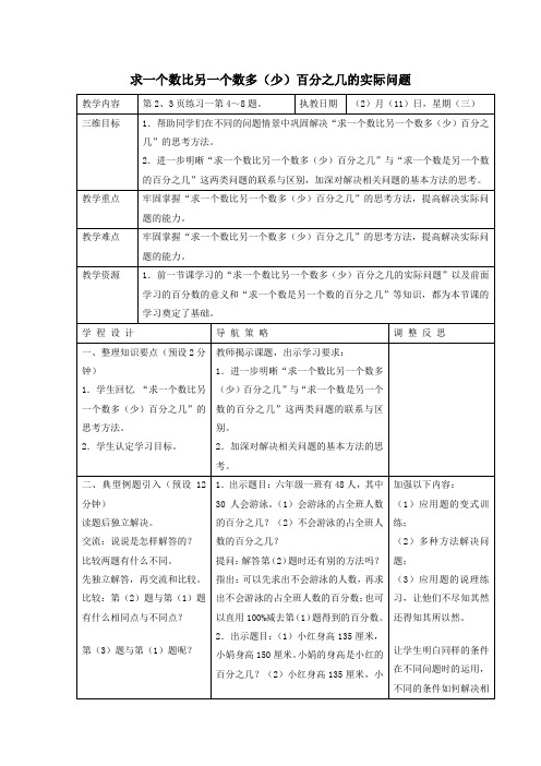 (苏教版)六年级数学下册教案 求一个数比另一个数多(少)百分之几的练习