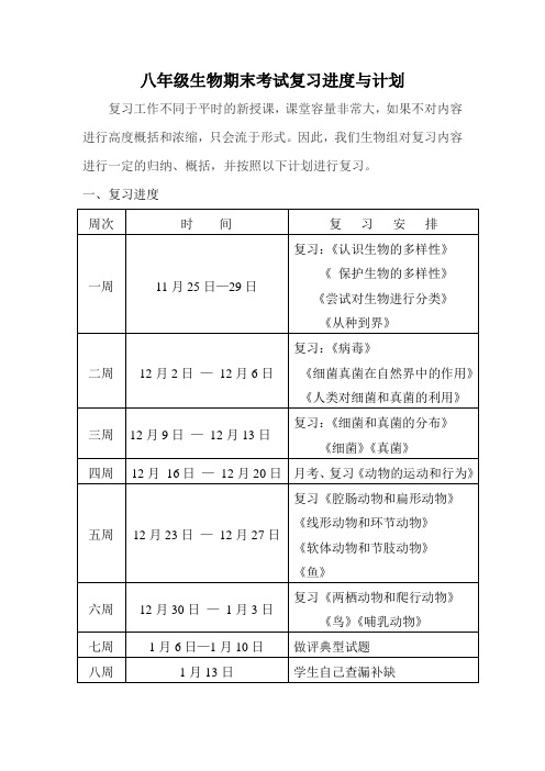 八年级生物期末考试复习进度与计划